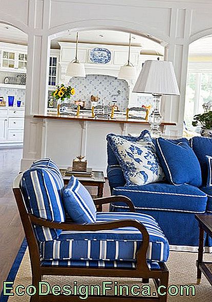 Living room with royal blue sofa and striped armchairs.