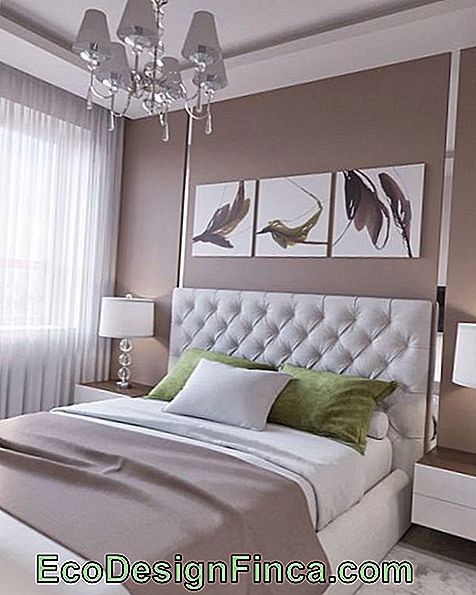 Double room with neutral colors and white curtain.