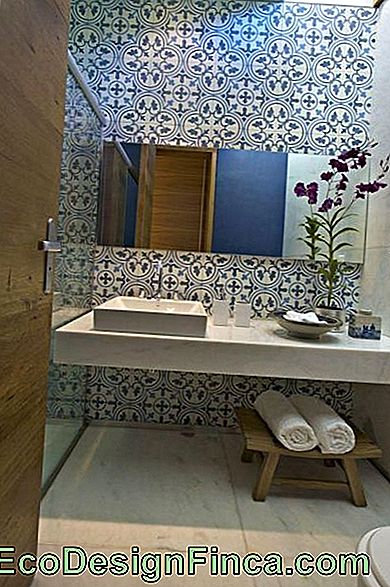 Vonios kambarys su Portugalijos plytelėmis už sėdynės su dideliu veidrodžiu.