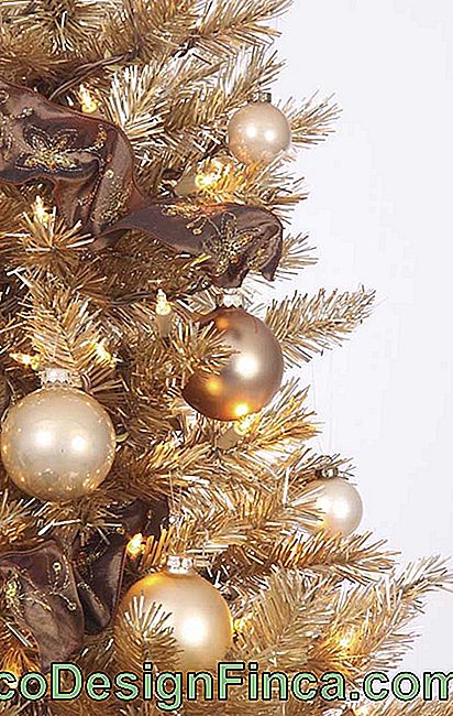 De brune snørebåndene gir et preg av raffinement til det gyldne juletreet