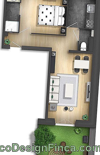 Small house plan with an integrated suite, dining and living area